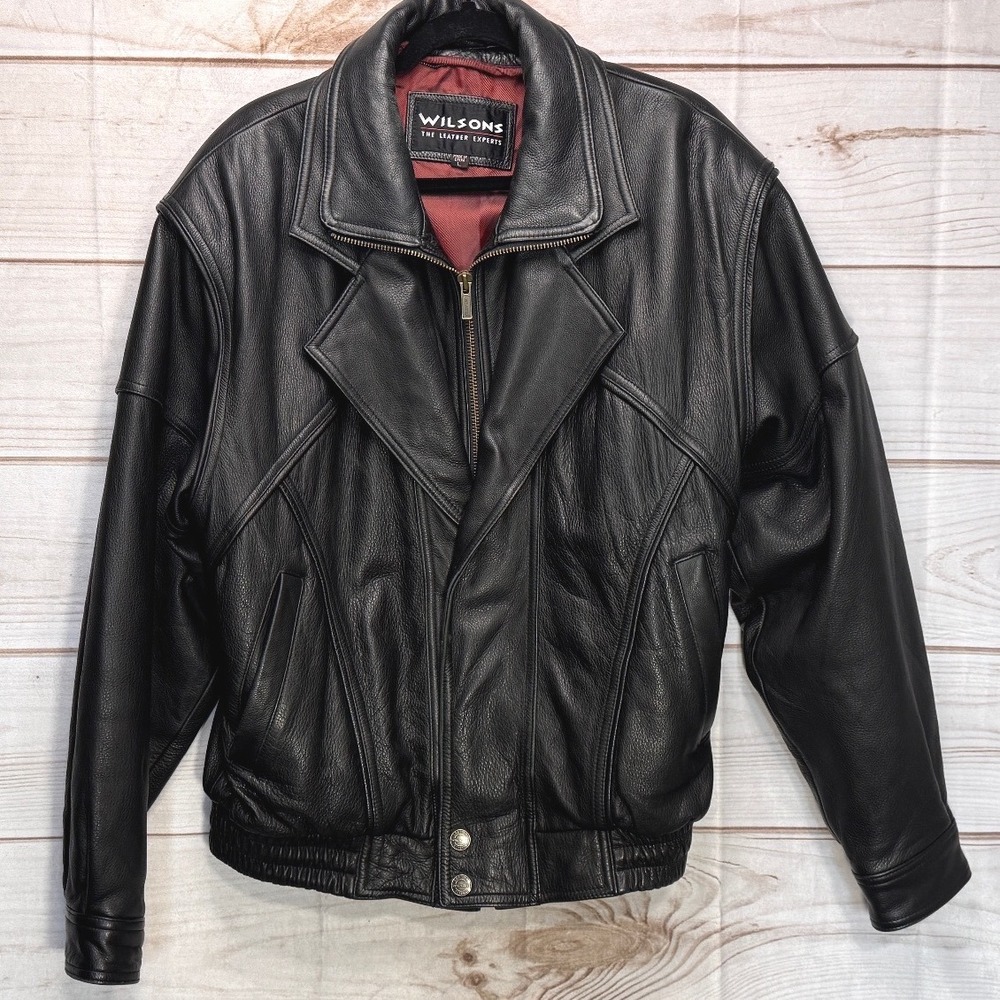 Wilsons Leather Vintage Bomber Jacket Black Pebbled Leather Large Red Lining
